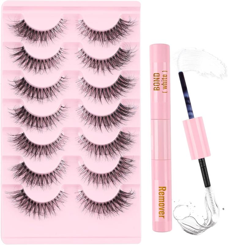 Clear Band Fluffy Lashes Kit with False Eyelashes Glue Bond and Remover Wispy Cat Eye Lashes 7 Pairs Fake Eyelashes Natural Look 3D Strip Lash Extensions Reusable Faux Mink Lashes 1