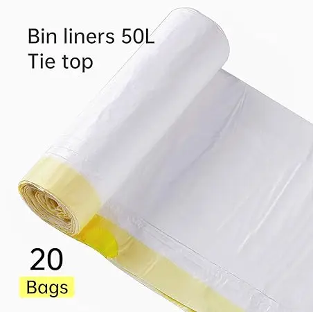 50L Heavy Duty Bin Bags with Drawstring Handles, Unscented Strong Rubbish Liners – Fits 35-45L Swing & Pedal Bins, Leak-Proof & Tear-Resistant – 1 Roll (20 Bags), 61x70cm, No Perforation 1
