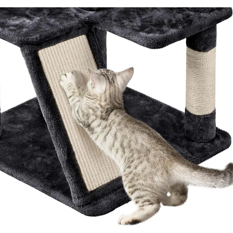 Cat Tree, 144.5cm Multilevel Cat Climbing Tower w/ 2 luxury Condos, Basket Cat Bed,3 Scratching Posts & Ladder for Indoor Cats, Black 8