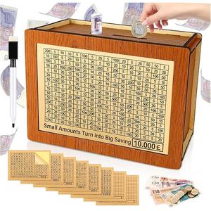 Wooden Money Saving Box Reusable Cash Vault Money Jar for Kids Adults, Piggy Bank Savings Challenge Money Box with £500/1000/2000/3000/5000/10000/DIY Target Money Notes Decor Gift Smooth Transparent Set Ornaments