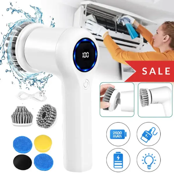 Powerful Electric Spin Scrubber – Cordless Turbo Cleaning Brush with LED Display, 5 Replaceable Heads + 1 Velcro Head, IPX7 Waterproof, Rechargeable for Kitchen, Bathroom, Tile 5