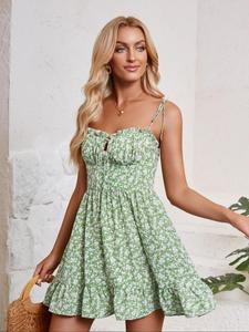 Women's Ditsy Floral Print Square Neck Cami Dress, Elegant Fashion Casual Tie Shoulder Dress for Daily Outdoor Wear, Ladies Dress for All Seasons, Slip Dress