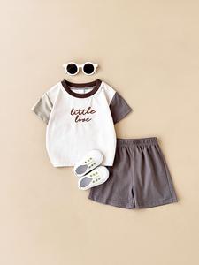 Baby's Letter Print Short Sleeve Tee & Solid Shorts Two-piece Set, Casual Round Neck T-shirt & Shorts for Daily Wear, Infant Newborn Kids Summer Clothes, Baby Clothing, Newborn Gift Set, Outfit