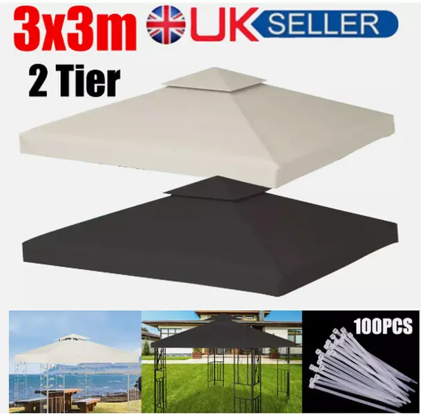 3x3m Gazebo Top Cover Roof 1 Tier 2 Tier Canopy Tent Replacement Fabric Pavilion
