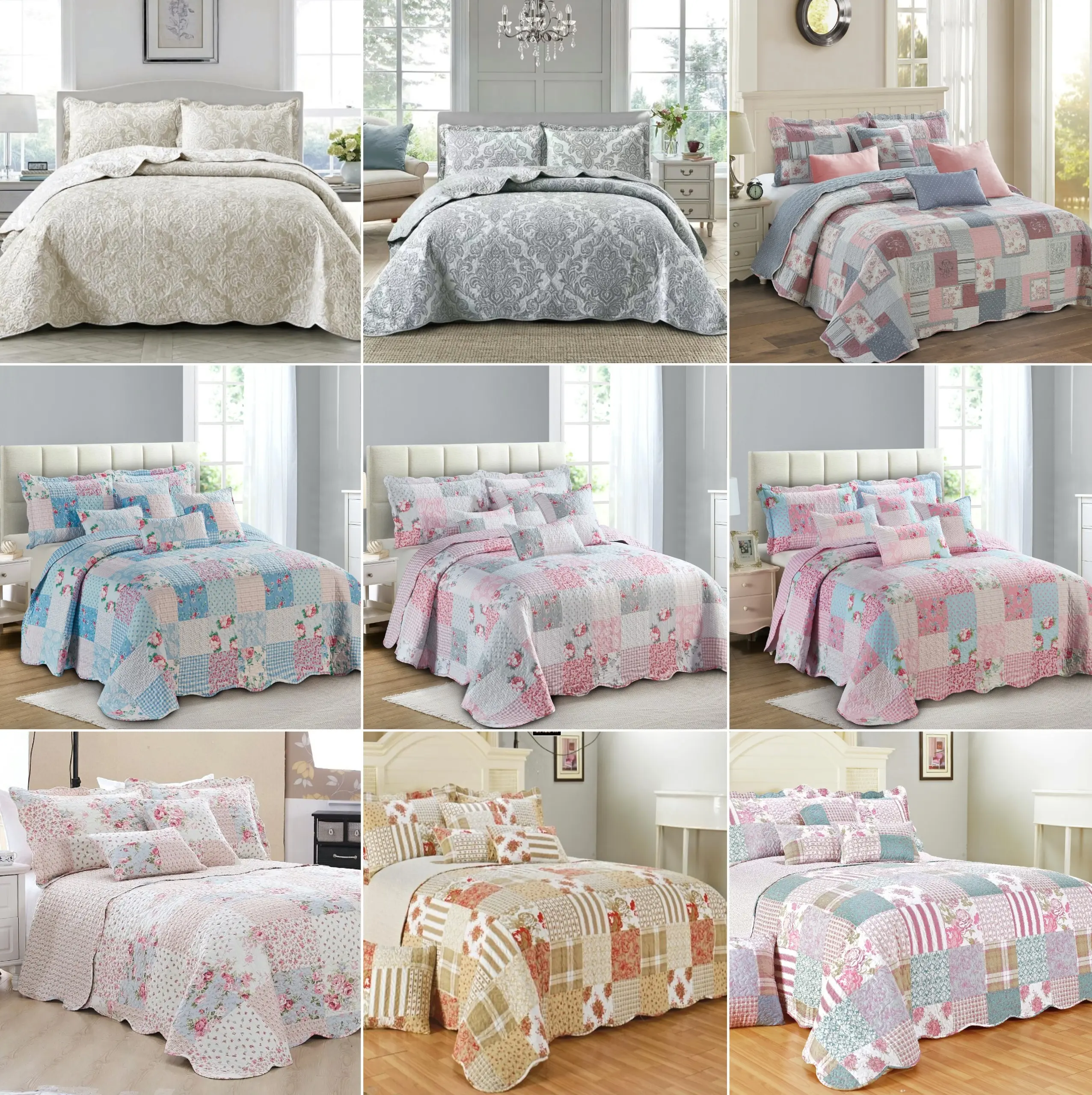 3 Piece Printed Quilted Patchwork Embroidered Bedspread Bedding Set Includes Bed Throw Comforter & 2 Pillow Shams