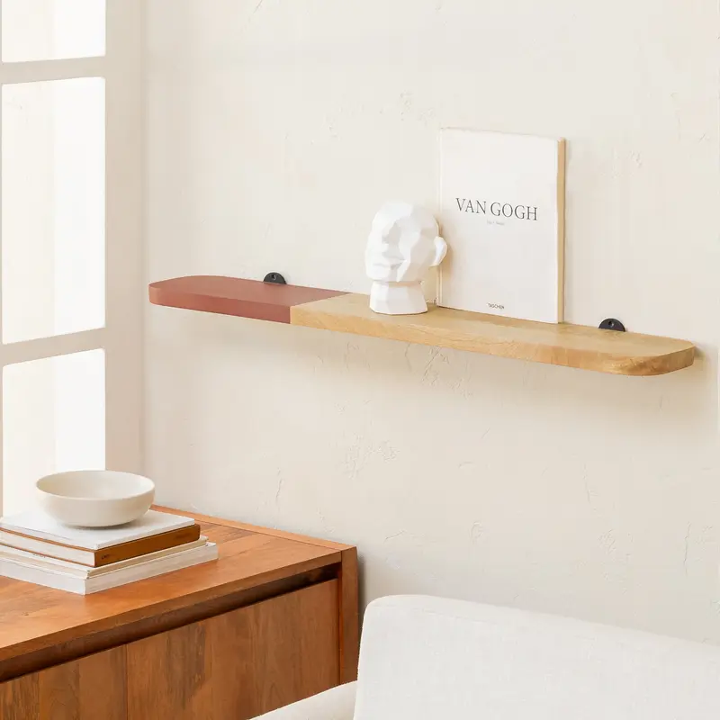 Norton Solid Wood Wall Mounted Natural & Burgandy Shelves - Large 1