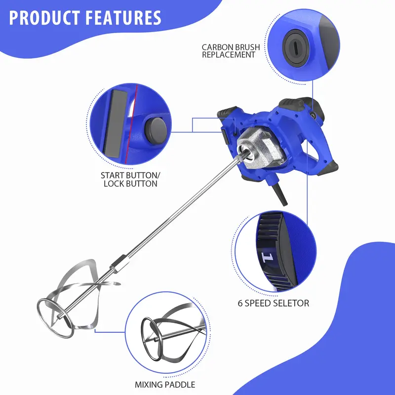 2800W Concrete Mixer Machine Paddle Mixer 1700 U/min Electric Power Plaster Mixer Adjustable 6 Speed Stirrer Electric Mix Stirring Tool M14 Mixing Rod Heavy Duty Electric Paddle Plaster Plastering Mortar Paint Mixer Mixing Machine with 2M Power Cable 4