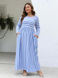 Plus Size Striped Print Round Neck A Line Dress, Casual Long Sleeve Crew Neck Dress for Fall & Winter, Women's Clothes for Daily Wear