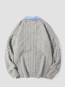 Men's 2 in 1 Colorblock Striped Print Collared Cable Knit Sweater, Regular Fit Casual Long Sleeve Jumper for Fall & Winter, Men's Knitwear for Daily Wear