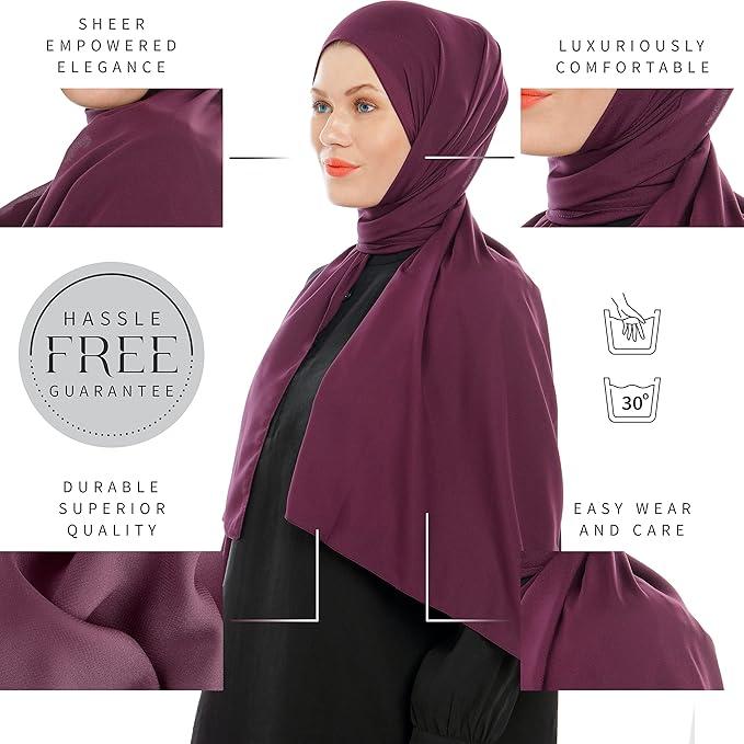 Chiffon Hijab Scarf for Women – Lightweight Muslim Headscarf – Headwrap – 180cm x 70cm (Bordeaux, Cream, Dark Purple) 3