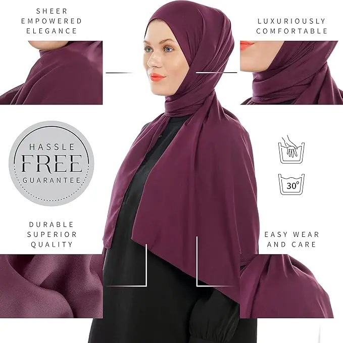 Chiffon Hijab Scarf for Women – Lightweight Muslim Headscarf – Headwrap – 180cm x 70cm (Bordeaux, Cream, Dark Purple) 2