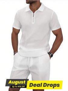 Men's Solid Color Waffle Knit Short Sleeve Tee & Shorts Set, Casual Loose Breathable T-shirt & Shorts, Men's Summer Clothes