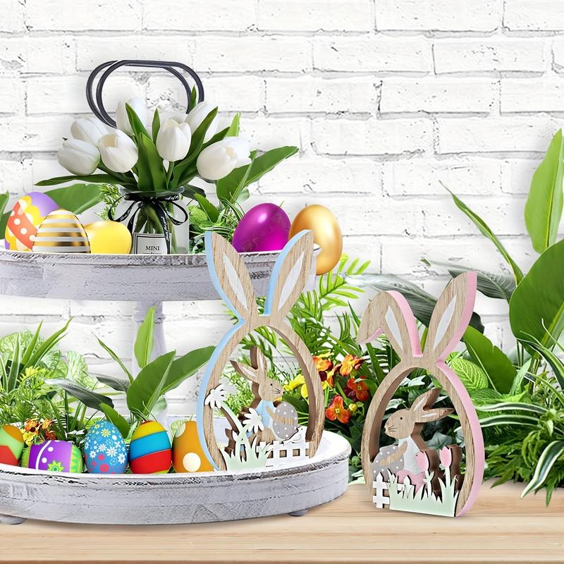 Product Introduction of 2pcs Easter Decorations for the Home Farmhouse Rustic Wooden Bunny with Egg Easter Tiered Tray Decor Happy Spring Decoration for Indoor Home Party Easter Tabletop Decoration Easter Ornaments 4