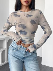 Women's Floral Print Semi-sheer Mesh Tee, belly sheer top,Chic Fitted Long Sleeve T-shirt for Spring & Summer, Women's Clothing for Daily Wear, Top