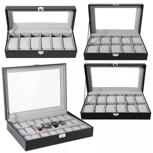 Uten Watch Box 6 Slots 10 Slots 12 Slots 24 Slots, Watch Case with Glass Lid, Watch Display Storage Box for Men and Women, Removable Watch Pillows, Metal Clasp, Black Synthetic Leather,Grey Velvet Lining, Gift Idea