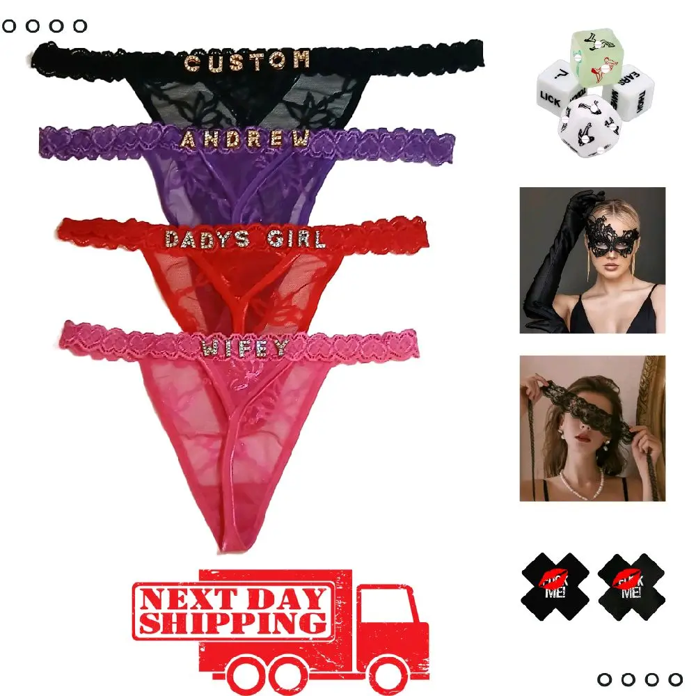 HaRe Personalised Rhinestone Thong - Custom Underwear for Women with Name - Hand-Sewn Gold or Silver Letters - Sexy and Comfortable Fit - Perfect Gift for Him and Her - Panties,Bridal, Womenswear Customized Lingerie Stretchy Soft Lace Love Multicolor