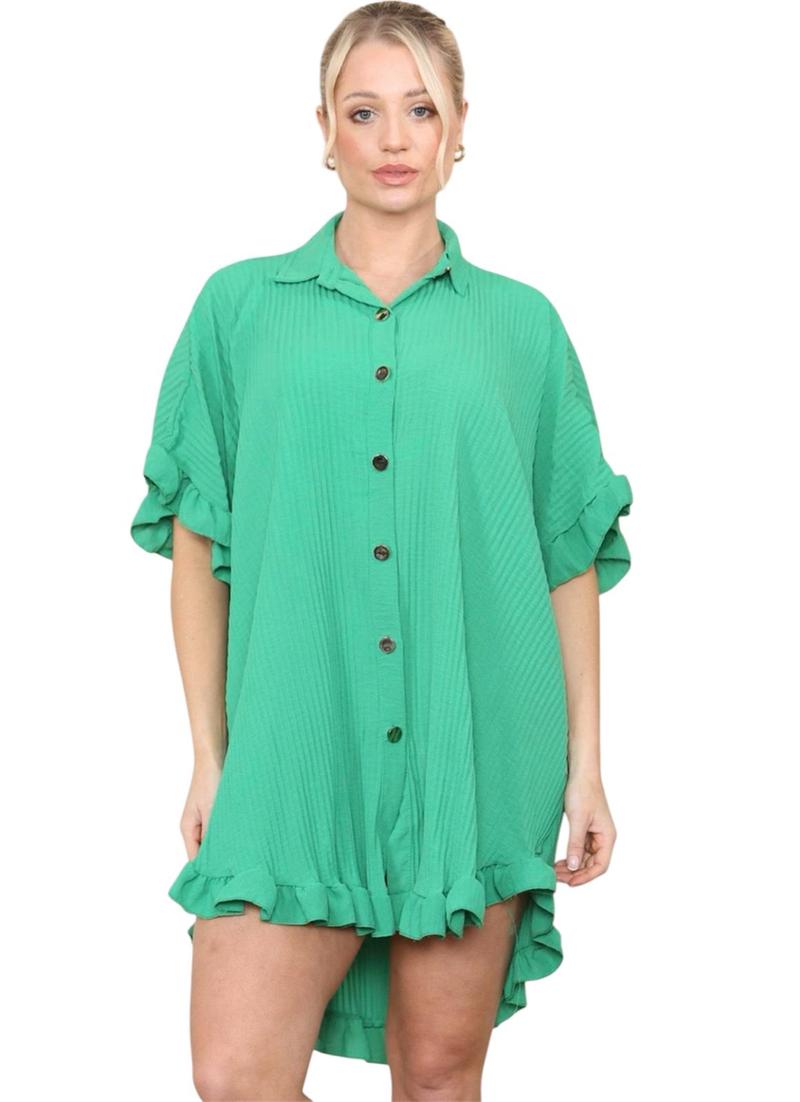 Product Introduction of Women's Lightweight Pleated Frill Hem Shirt Dress - Casual Loose Fit Collared Tunic with Gold Buttons - Comfort, Breathable 5