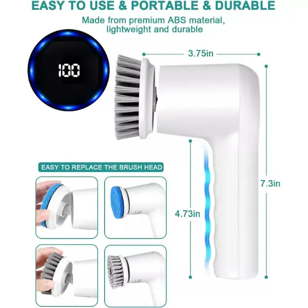 Powerful Electric Spin Scrubber – Cordless Turbo Cleaning Brush with LED Display, 5 Replaceable Heads + 1 Velcro Head, IPX7 Waterproof, Rechargeable for Kitchen, Bathroom, Tile 3