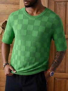 Men's Regular Fit Plaid Print Round Neck Crewneck Sweater, Casual Short Sleeve Jumper for Summer, Fashion Men's Knitwear for Daily Wear, Tops