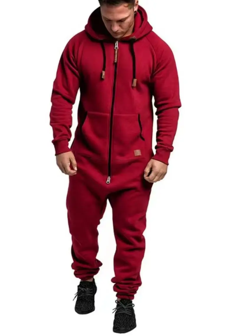 Product Introduction of New foreign trade men's hooded fleece jumpsuit solid color casual men's suit jumpsuit 5