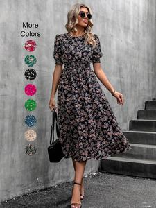 Women's Floral Print Puff Sleeve Dress, Round Neck Waist Tie Design, Boho Style Woven Fabric, All Season Wearable
