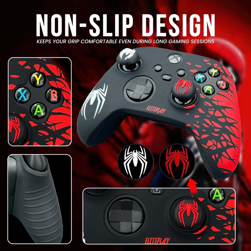Black and Red Spider Anti-Slip Silicone Cover Skin for Xbox Controller with 2 Sets Thumb Grips 2