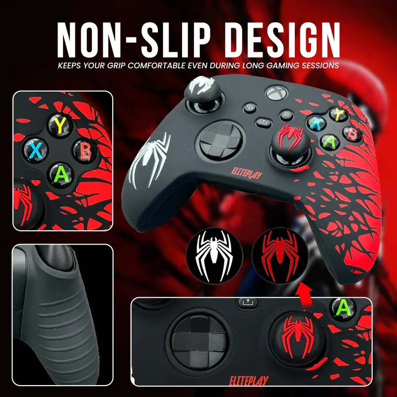 Black and Red Spider Anti-Slip Silicone Cover Skin for Xbox Controller with 2 Sets Thumb Grips 2