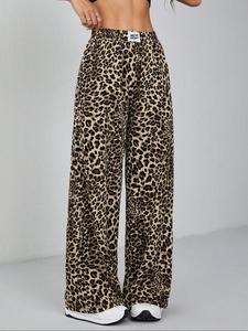Women's Leopard Print Patched Pocket Design Wide Leg Pants, Casual Fit Elastic Waist Trousers for Daily Wear, Ladies Bottoms for All Seasons Cheetah Pants Girl Original, Womenswear, Bohemian Bottom, Casual Fashion Pants