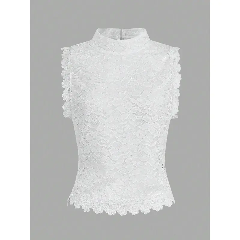 Clasi Women's Stand Collar Solid Color Lace Patchwork Pullover Top 0