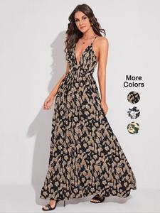 Women's All Over Print Criss Cross Backless Cami Dress, Fitted Boho Sleeveless Maxi Dress for Beach Holiday Vacation, suitable for all seasons