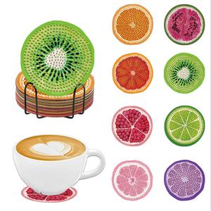 Fruit Pattern DIY Diamond Arts Colorful Painting Kit, 8 Counts/set DIY Diamond Arts Colorful Painting Coaster with Holder, DIY Decorative Craft for Home Office, Diamond Painting Kits
