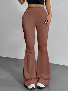 Women's Ribbed Flare Leg Leggings, Casual Comfy High Waist Bell Bottom Trousers for Daily Wear, Ladies Bottoms for All Seasons, Boho Yoga Trouser