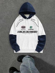 Men's Colorblock Letter Print Patchwork Drawstring Hoodie, Casual Loose Long Sleeve Hooded Sweatshirt for Spring & Fall, Fashion Men's Clothes for Daily Wear