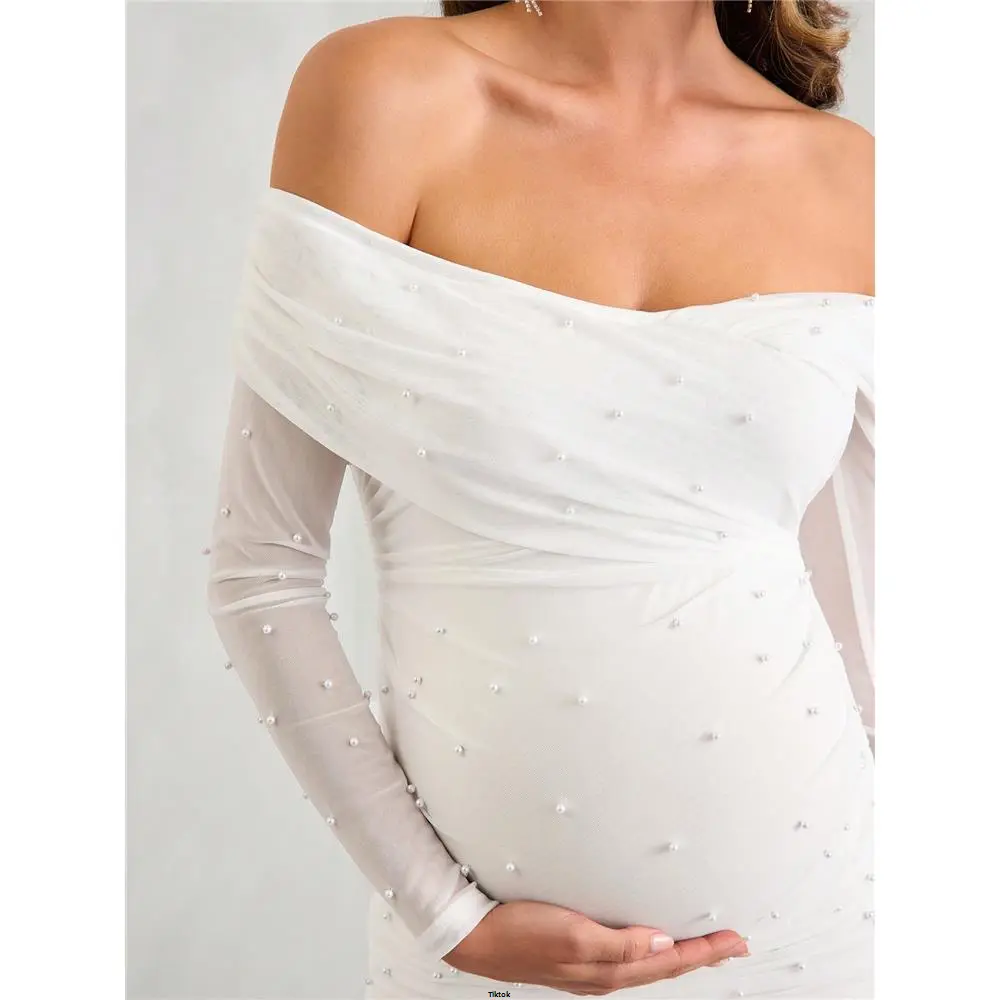 Festival Music Party Fitted Embellished Pearl Shoulder - Off White MaterniChic Maternity Elegant Dress For