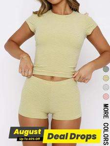 Two-piece Set Women's Striped Print Crop Tee & Shorts, Casual T-shirt & Shorts for Daily Wear, Ladies Two-piece Set for All Seasons, Clothes, Womenswear, Two Pieces Outfits, Summer Outfits Set, Matching Yellow Sets, Matching Clothing Set