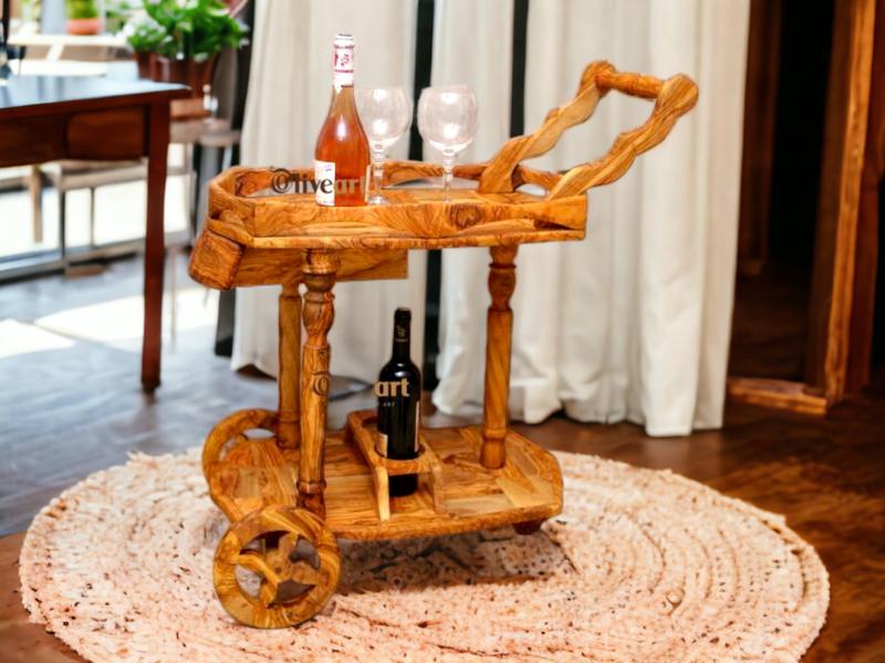 Olive Wood Display Cart, Wooden wine cart, Beautiful bar cart, artisanal cart, handmade, home decor, gift 0