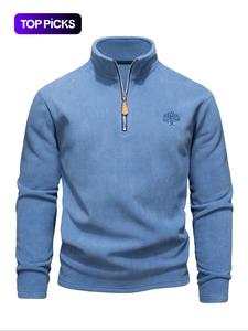 Men's Solid Zip Up Half Placket Fleece Sweatshirt, Regular Fit Casual Long Sleeve Stand Collar Pullover for Outdoor Hiking, Men's Sportswear for Fall & Winter