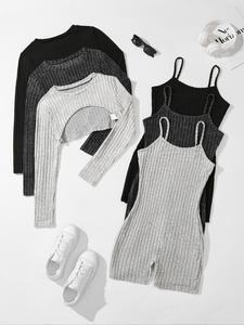 Women's Solid Ribbed Crop Top & Romper Set, Casual Fashion Cozy Top & Romper for Daily Outdoor Wear, Ladies Clothes for All Seasons