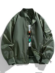 Men's Solid Zip Up Pocket Bomber Jacket, Loose Casual Long Sleeve Mock Neck Outerwear for Fall & Winter, Men's Clothes for Daily Wear