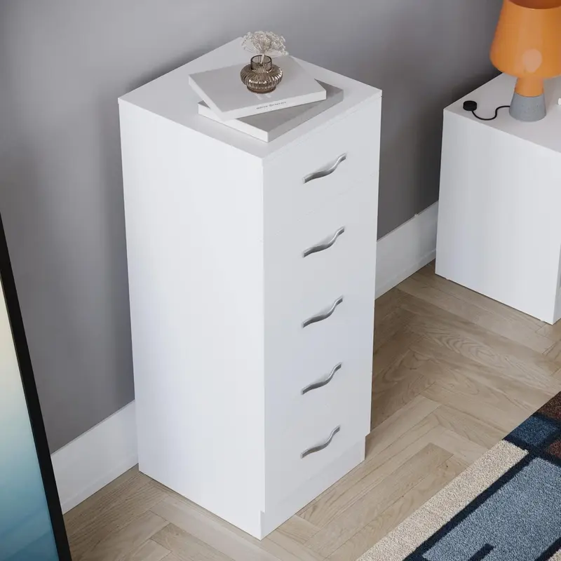 5 Drawer Narrow Chest Tall Bedroom Storage Unit Sliding Drawers Bedroom Furniture (White) 6