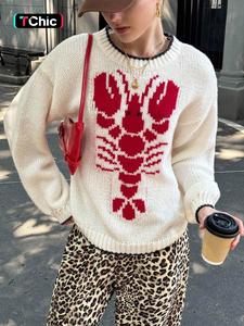 Women's Cartoon Lobster Print Drop Shoulder Sweater, Casual Long Sleeve Round Neck Jumper for Fall & Winter, Fashion Ladies' Knitwear for Daily Wear, Longsleeves Tops for Women, Womenswear, Casual Chic Jumper, Casual Trendy Jumper