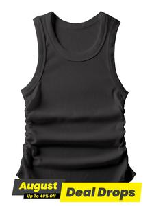 Women's Solid Ruched Round Neck Sports Tank Top, Sporty Breathable Comfortable Sleeveless Vest, Ladies Sportswear for Gym Fitness, Workout Activewear, Sleeveless Gym Tops