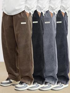 Men's Letter Patched Pocket Corduroy Pants, Loose Casual Comfy Straight Leg Trousers for Fall & Winter, Men's Bottoms for Daily Wear