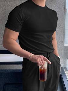 Men's Solid Color Round Neck Pullover, Slim-fitting Casual Short Sleeve Crew Neck Knit Top for Daily Wear, Fashion Men's Knitwear for All Seasons, Black Menswear