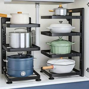 Height Adjustable Pot Rack, 1 Count Stainless Steel Under Sink Kitchen Pot Storage Rack, Open Display Shelf, Multi-tier Household Cabinet Rack, Restaurant Kitchen Supplies, Shelves, Adjustable Standing Shelf, Durable Steel Stand