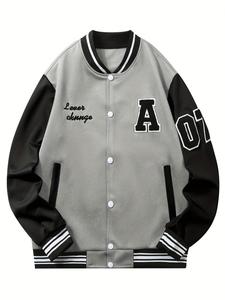 Men's Colorblock Letter Embroidery Pocket Vintage Baseball Jacket, Drippy Outfits, Regular Fit Long Sleeve Outerwear for Spring & Fall, Going Out Outfit