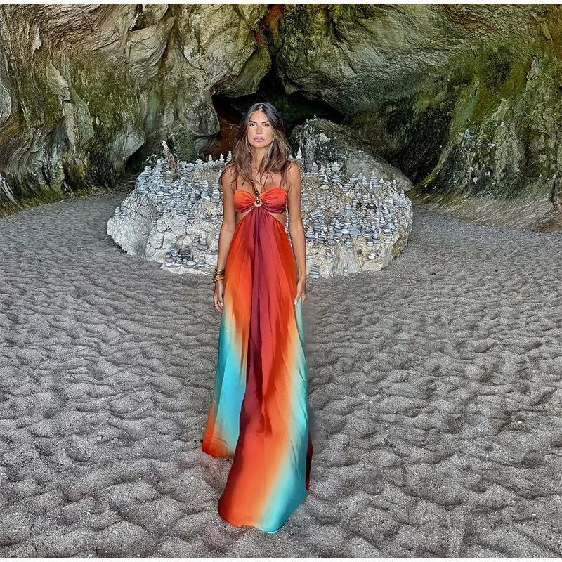 Product Introduction of Sexy Summer Holiday Printed Strapless Hollow Out Dress Women Fashion Contrast Color Backless Robes 2025 Beach Party Vestidos Formal Womenswear Comfort Sleeveless Minimalist 19