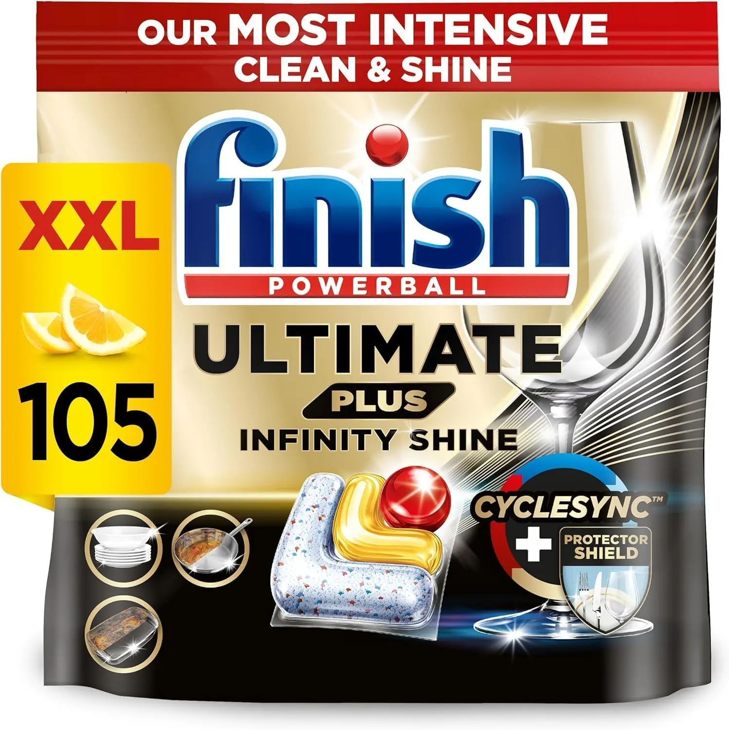 Finish Ultimate Plus Infinity Shine Dishwasher Tablets bulk | Scent : Lemon | Size: 105 Dishwasher Tabs |For Superb Clean and Diamond Shine, packaging may vary