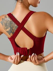 Women's Solid Criss Cross Wireless Sports Bra, Breathable Comfortable High Stretch Sports Bra, Ladies Sportswear for Indoor Outdoor Wear