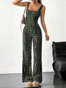 Women's Leopard Print Square Neck Jumpsuit, Fashion Casual Jumpsuit for Daily Outdoor Wear, Women Jumpsuits for Summer, Overalls,  Jumpsuits for Women